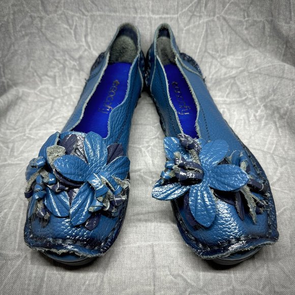 Socofy Handcrafted Blue Leather Flower Slip Ons 235 / US 6 - Picture 3 of 11